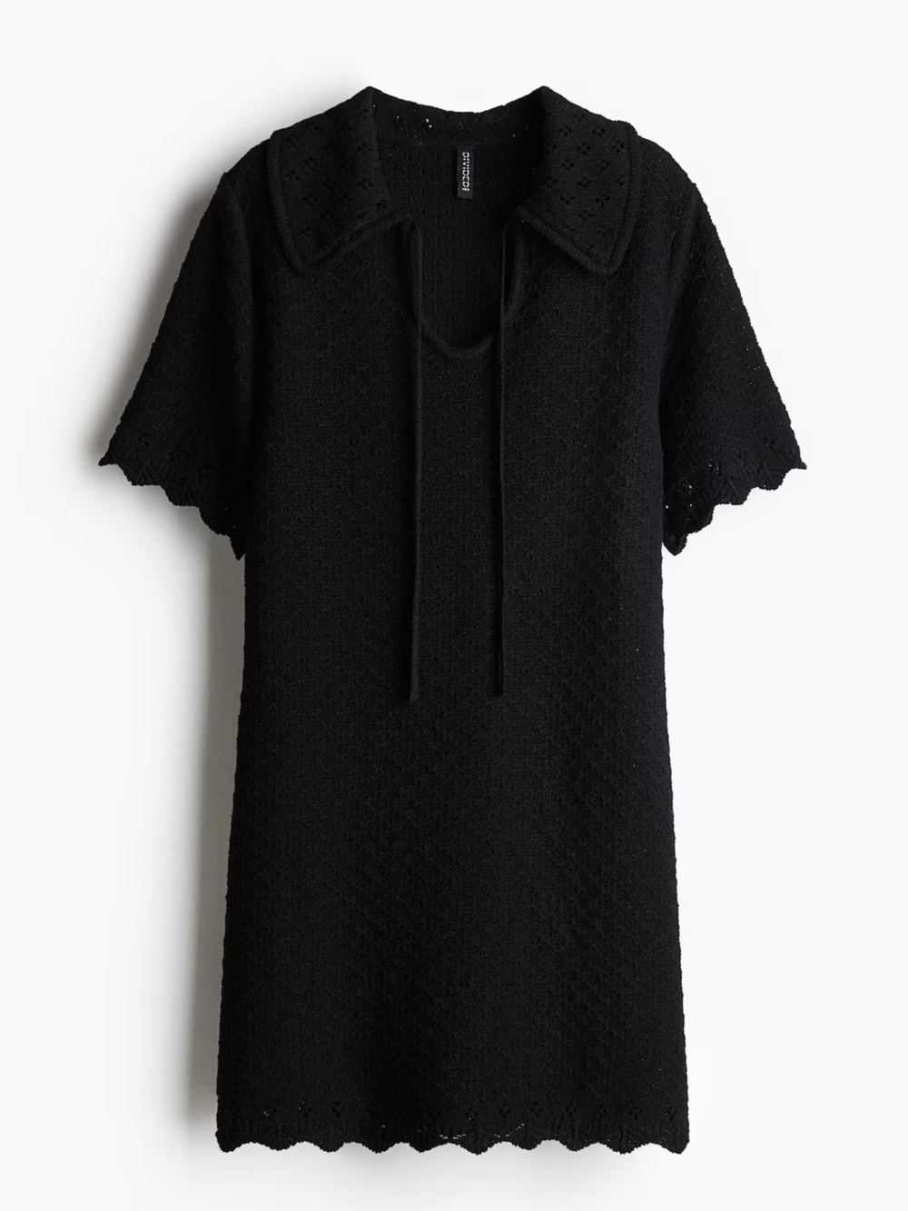 H&M Black Pointelle knit Short Sleeve Tie-Collar Dress